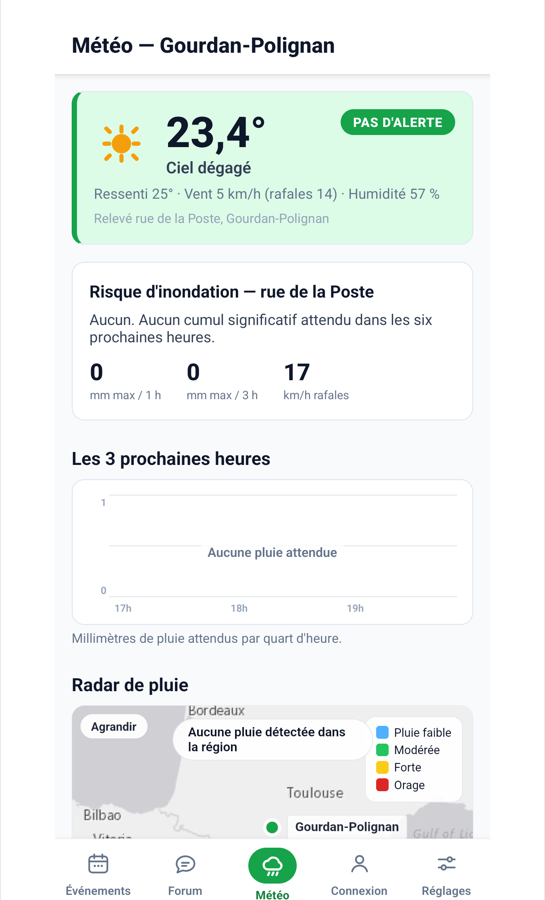 Écran météo de l'application